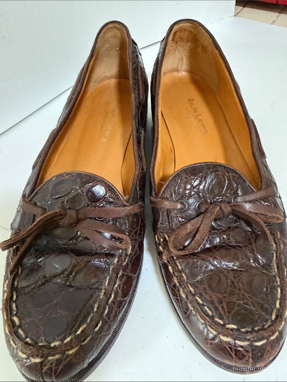 Vintage Ralph Lauren Dark Brown alligator skinLeather Loafers with Bow.